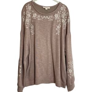Nurture by Westbound Womens Knit Top Plus Size 2X Sweet Taupe Embroidered Floral